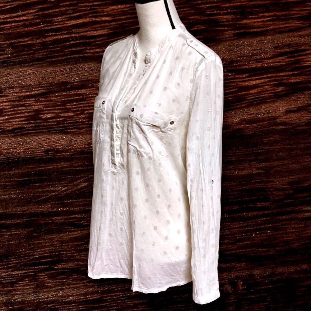 MNG Casual Womens White Long Sleeve Button Up Shirt with Metallic Dots Size XL